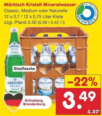 Netto Marken-Discount Märkisch Kristall Mineralwasser 12 x 0,7 / 12 x 0,75 Liter Kiste Angebot