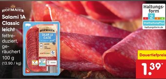 Netto Marken-Discount HOFMAIER Salami 1A Classic leicht 100 g Angebot
