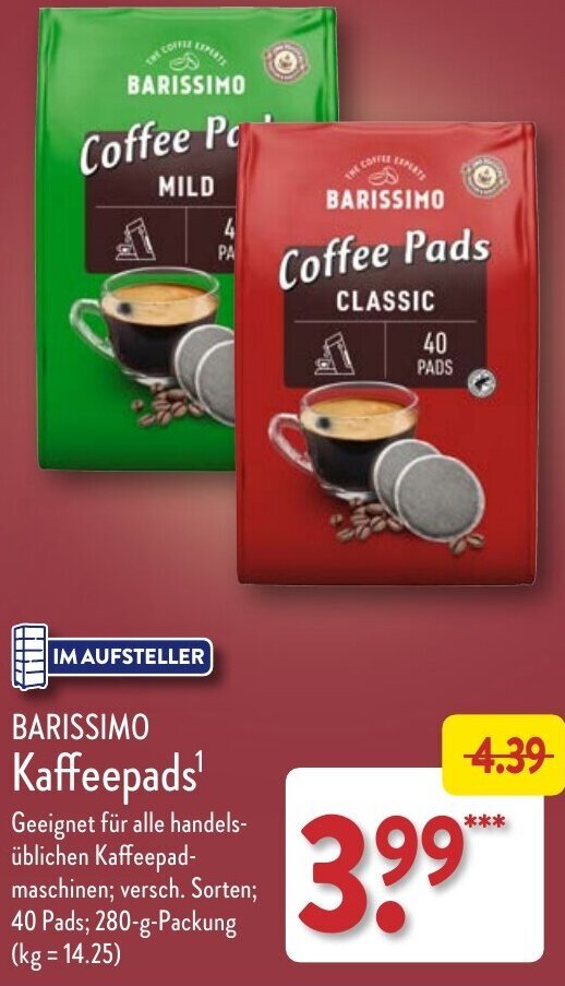 BARISSIMO Kaffeepads 280 g Packung Angebot bei Aldi Nord