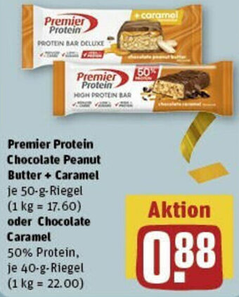 REWE Premier Protein Chocolate Peanut Butter + Caramel 50 g oder Chocolate Caramel 40 g Riegel Angebot