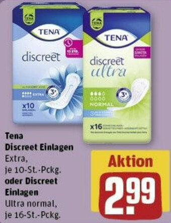 REWE Tena Discreet Einlagen Extra 10-St.-Pckg. oder Discreet Einlagen Ultra normal 16-St. Pckg. Angebot