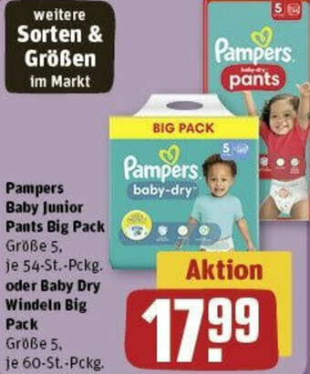 REWE Pampers Baby Junior Pants Big Pack 54 St. Pckg. oder Baby Dry Windeln Big Pack 60 St. Pckg. Angebot