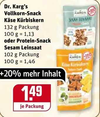 REWE Kaufpark Dr. Karg's Vollkorn Snack Käse Kürbiskern 132g oder Protein Snack Sesam Leinsaat 102g Angebot