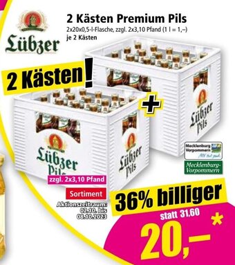 Norma Lübzer 2 Kästen Premium Pils 2x20x0,5 l Flasche Angebot