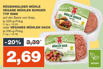 mein real RÜGENWALDER MÜHLE VEGANE MÜHLEN BURGER TYP RIND 220 g Pckg. oder VEGANES MÜHLEN HACK 250-g-Pckg. Angebot