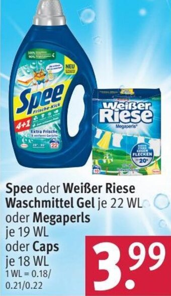 Rossmann Spee oder Weißer Riese Waschmittel Gel 22 WL oder Megaperls 19 WL oder Caps 18 WL Angebot