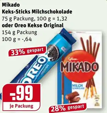 REWE Kaufpark Mikado Keks Sticks Milchschokolade 75g oder Oreo Kekse Original 154g Angebot