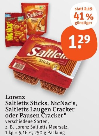 tegut Lorenz Saltletts Sticks, NicNac's, Saltletts Laugen Cracker oder Pausen Cracker 250 g Packung Angebot