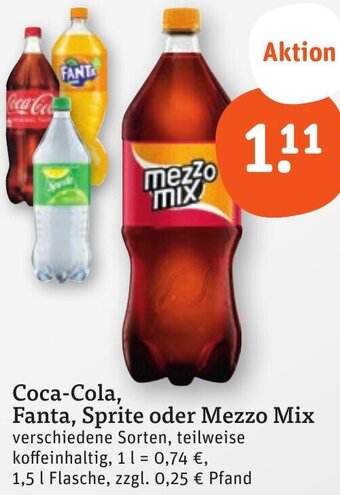 tegut Coca-Cola, Fanta, Sprite oder Mezzo Mix 1,5 L Flasche Angebot