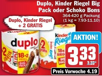 Hit Duplo, Kinder Riegel Big Pack oder Schoko Bons 364-420 g Packung Angebot