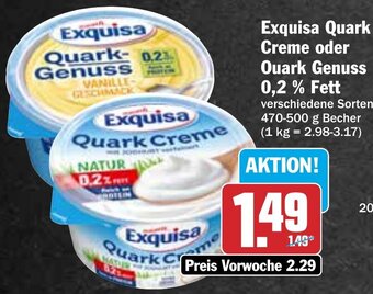 Hit Exquisa Quark Creme oder Quark Genuss 0,2 % Fett 470-500 g Becher Angebot