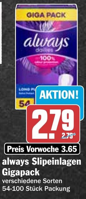Hit always Slipeinlagen Gigapack 54-100 Stück Packung Angebot