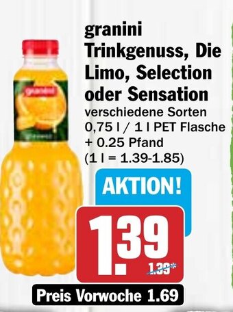 Hit granini Trinkgenuss, Die Limo, Selection 0,75 l/1 l PET Flasche Angebot