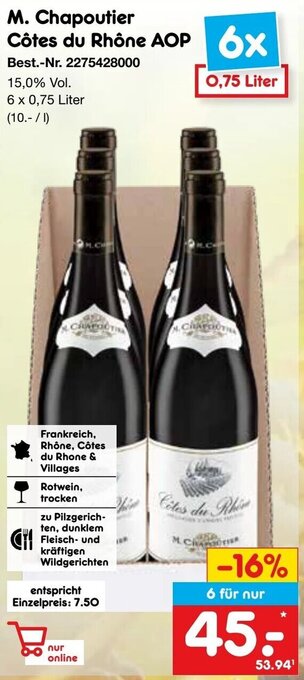 Netto Marken-Discount M. Chapoutier Côtes du Rhône AOP  6 x 0,75 Liter Angebot