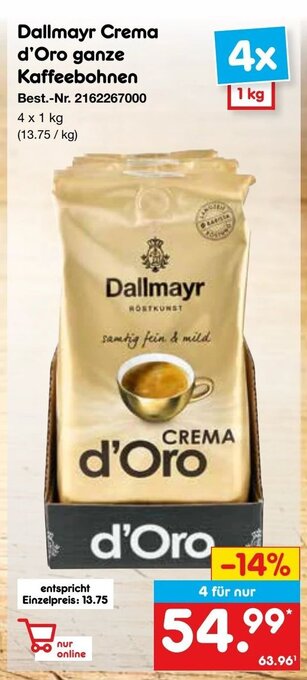 Netto Marken-Discount Dallmayr Crema d'Oro ganze Kaffeebohnen 4 x 1 kg Angebot