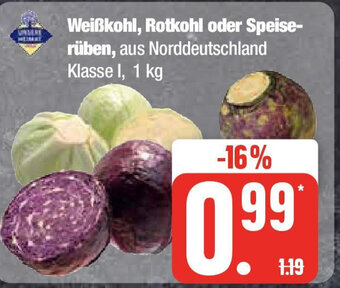 Marktkauf Weißkohl, Rotkohl oder Speise-rüben, aus Norddeutschland Klasse I, 1 kg Angebot