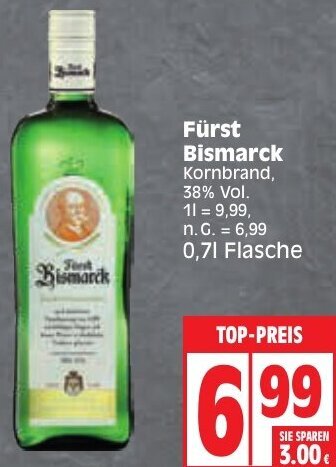 Edeka Fürst Bismarck Kornbrand 0,7 L Flasche Angebot