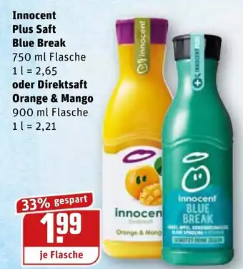 REWE Innocent Plus Saft Blue Break 750ml oder Direktsaft Orange & Mango 900ml Angebot