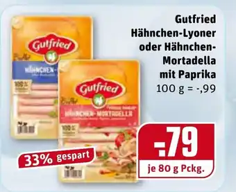 REWE Gutfried Hähnchen Lyoner oder Hähnchen Mortadella mit Paprika 80g Angebot