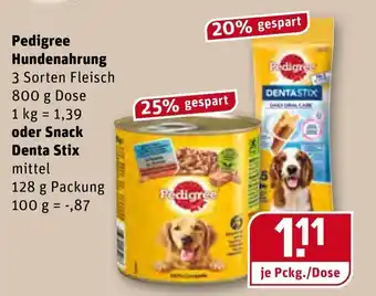 REWE Pedigree Hundenahrung 800g oder Snack Denta Stix 128g Angebot