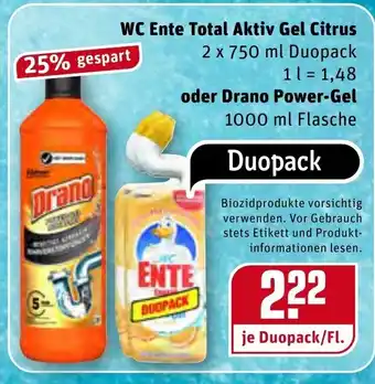 REWE WC Ente Total Aktiv Gel Citrus 2x750ml oder Drano Power Gel 1000ml Angebot