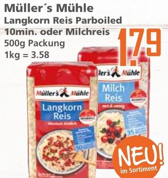 Klaas und Kock Müller's Mühle Langkorn Reis Parboiled 10min. oder Milchreis 500g Packung Angebot