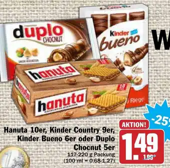 AEZ Hanuta 10er, Kinder Country 9er, Kinder Bueno 6er oder Duplo Chocnut 5er 117-220g Angebot