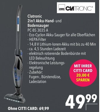 CITTI Markt Clatronic 2in1 Akku-Hand- und Bodensauger PC-BS 3035 A Angebot