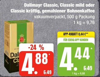 Edeka Frischemarkt Dallmayr Classic, Classic mild oder Classic kräftig, gemahlener Bohnenkaffee 500 g Packung Angebot