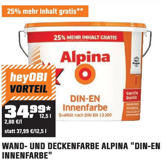WAND UND DECKENFARBE ALPINA "DINEN INNENFARBE" 12,5 l Angebot bei OBI