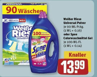 REWE Weißer Riese Universal Pulver 90-WL-Pckg. oder Spee Colorwaschmittel Gel 100 WL Fl. Angebot