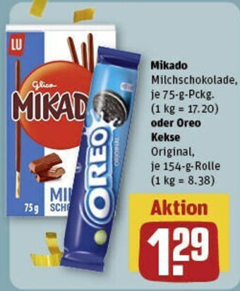 REWE Mikado 75 g Pckg oder Oreo Kekse Original 154-g-Rolle Angebot