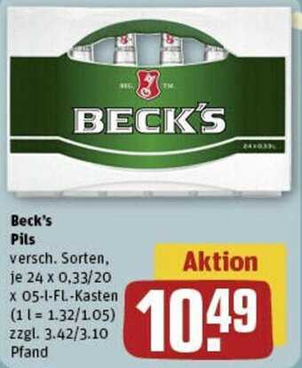 REWE Beck's Pils 24 x 0,33/20 x 05-l-Fl.-Kasten Angebot