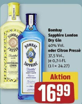 REWE Bombay Sapphire London Dry Gin oder Citron Pressè 0,7 l Fl. Angebot