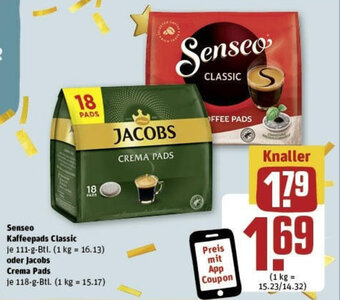 REWE Senseo Kaffeepads Classic 111 g Btl. oder Jacobs Crema Pads 118 g Btl. Angebot