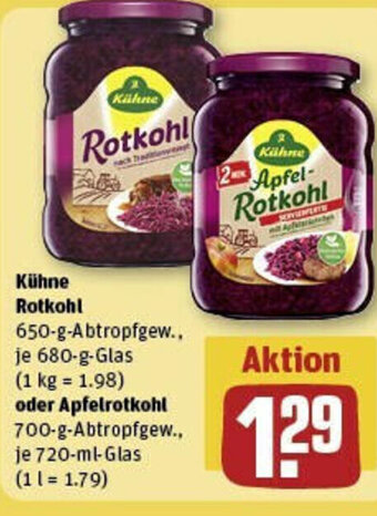 REWE Kühne Rotkohl 650-g-Abtropfgew.,680-g-Glas oder Apfelrotkohl 700-g-Abtropfgew., 720-ml-Glas Angebot