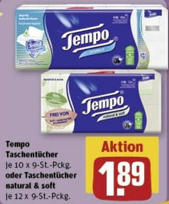 REWE Tempo Taschentücher 10 x 9-St.-Pckg. oder Taschentücher natural & soft 12 x 9-St.-Pckg. Angebot