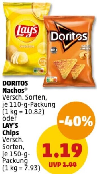 PENNY DORITOS Nachos 110 g oder LAY'S Chips 150 g Packung Angebot