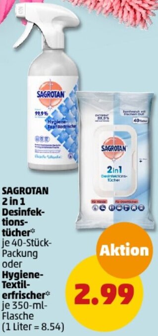 PENNY SAGROTAN 2 in 1 Desinfektionstücher 40-Stück oder Hygiene-Textilerfrischer 350 ml Flasche Angebot