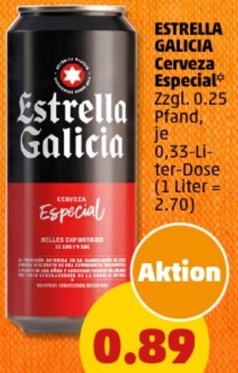 PENNY ESTRELLA GALICIA Cerveza Especial 0,33 Liter Dose Angebot