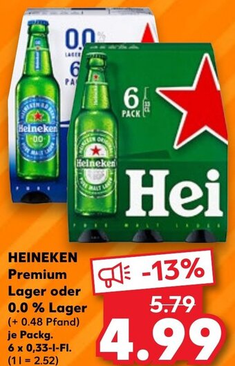 Kaufland HEINEKEN Premium Lager oder 0.0 % Lager Packg. 6x0,33 L-Fl. Angebot