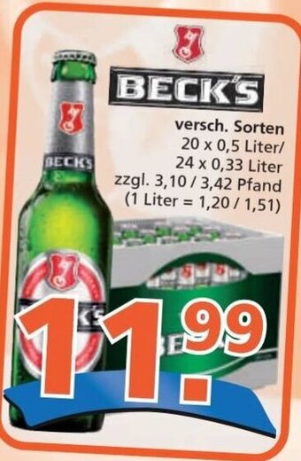 Getränke City BECK'S 20 x 0,5 Liter/ 24 x 0,33 Liter Angebot