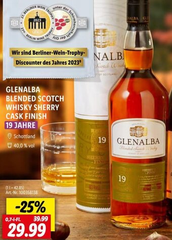 Lidl GLENALBA BLENDED SCOTCH WHISKY SHERRY CASK FINISH 0,7 L-Fl. Angebot