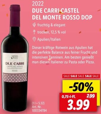 Lidl 2022 DUE CARRI-CASTEL DEL MONTE ROSSO DOP 0,75 L-Fl. Angebot