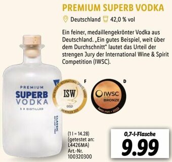 Lidl PREMIUM SUPERB VODKA 0,7-L-Flasche Angebot
