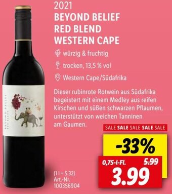 Lidl 2021 BEYOND BELIEF RED BLEND WESTERN CAPE 0,75 L-Fl. Angebot