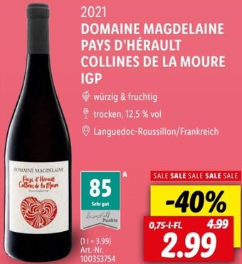 Lidl 2021 DOMAINE MAGDELAINE PAYS D'HÉRAULT COLLINES DE LA MOURE IGP 0,75 L-Fl. Angebot