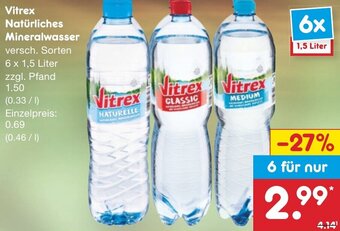 Netto Marken-Discount Vitrex Natürliches Mineralwasser 6x1,5 Liter Angebot