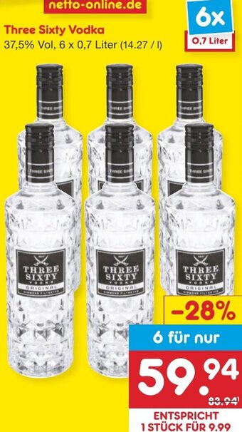 Netto Marken-Discount Three Sixty Vodka 6x0,7 Liter Angebot