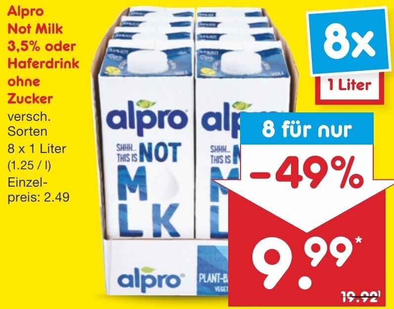 Alpro Not Milk 3,5 oder Haferdrink ohne Zucker 8x1 Liter Angebot bei Netto MarkenDiscount